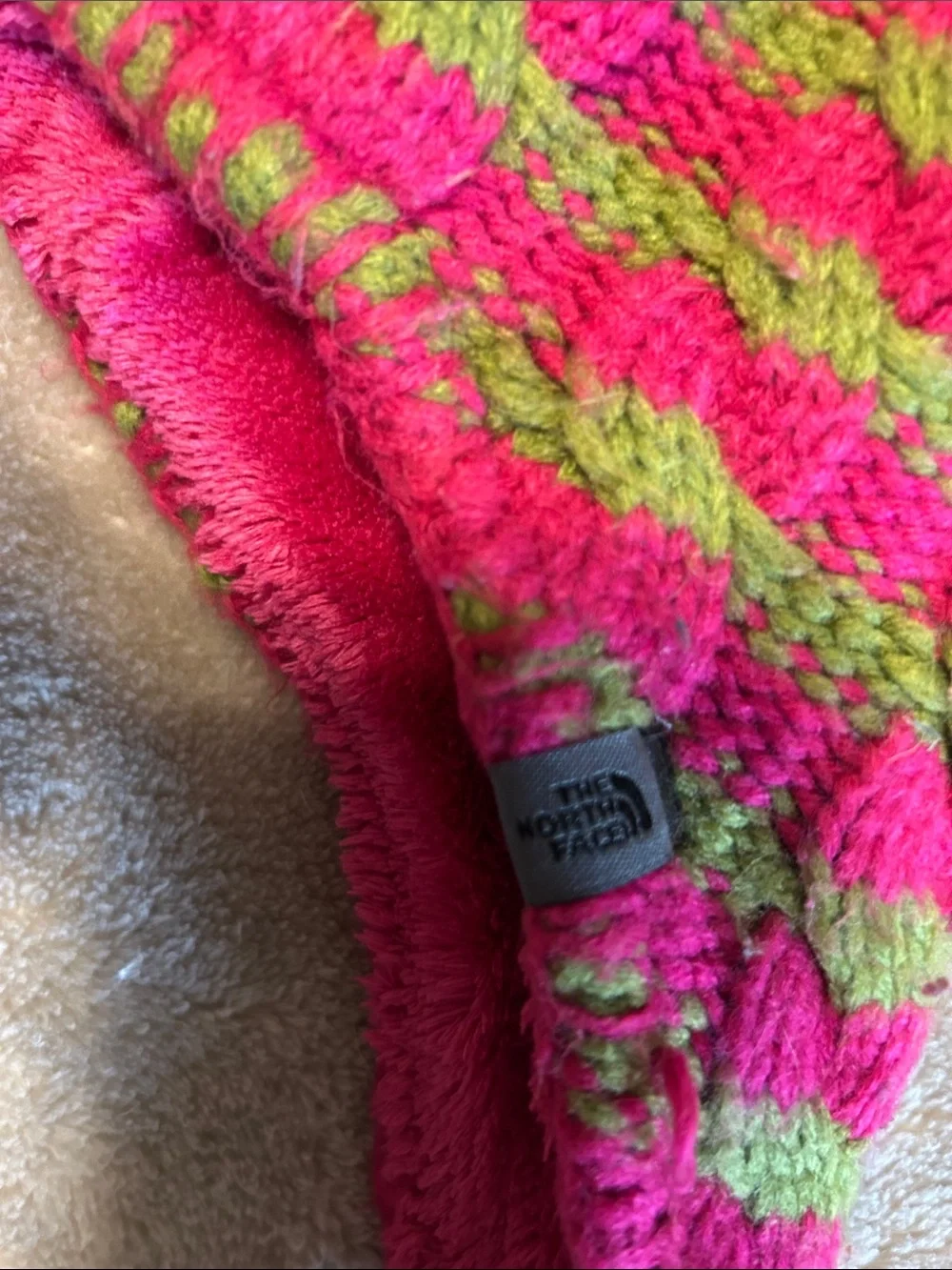 North Face Kids Pink and Green Striped Knit Pom-Pom Earflap Hat